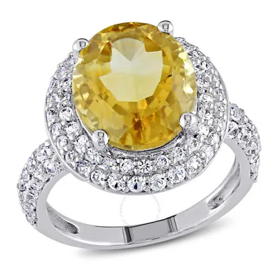 Amour 5 2/5 Ct Tgw Oval Cut Citrine And Created White Sapphire Double Halo Ring In Sterling Silver In Metallic