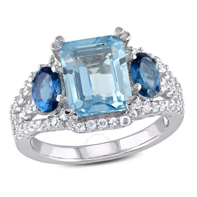 Amour 5 3/4 Ct Tgw Emerald Cut Blue Topaz And Created White Sapphire 3-stone Ring In Sterling Silver In Metallic