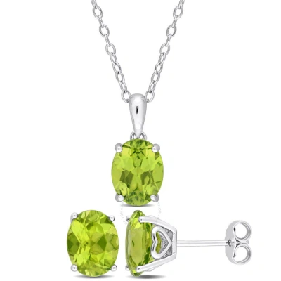 Amour 5 3/4 Ct Tgw Oval Peridot 2-piece Solitaire Pendant With Chain And Stud Earrings Set In Sterli In Green