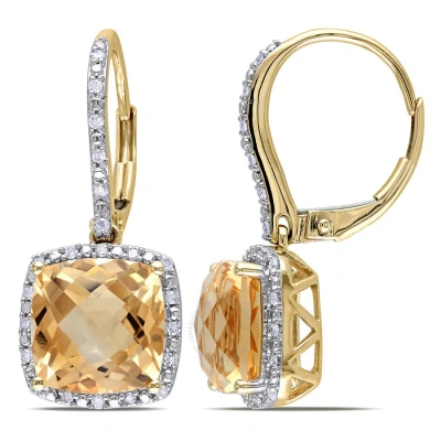 Amour 5 45 Ct Tgw Cushion Cut Citrine And 1/5 Ct Tw Diamond Halo Leverback Earrings In 10k White Gol