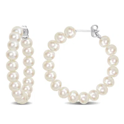 Amour 5-5.5mm Freshwater Cultured Pearl Hoop Earrings In Sterling Silver In White