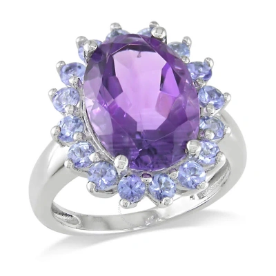 Amour 5 7/8 Ct Tgw Oval Amethyst And Tanzanite Halo Cocktail Ring In Sterling Silver In White