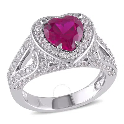 Amour 5 Ct Tgw Created Ruby And Created White Sapphire Heart Halo Split Shank Ring In Sterling Silve