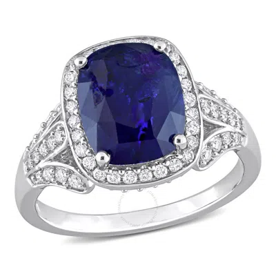 Amour 5 Ct Tgw Cushion Blue Sapphire And 5/8 Ct Tdw Diamond Halo Cocktail Ring In 14k White Gold In Metallic
