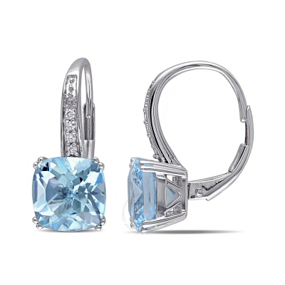 Amour 5 Ct Tgw Cushion Cut Sky-blue Topaz Leverback Earrings With Diamonds In 10k White Gold