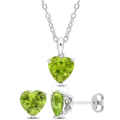 Amour 5 Ct Tgw Heart-shape Peridot 2-piece Solitaire Pendant With Chain And Stud Earrings Set In Ste In Green