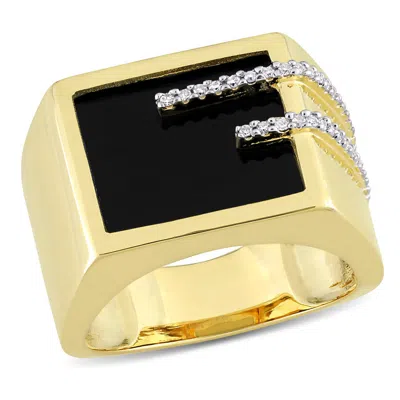 Amour 5 Ct Tgw Square Black Onyx And 1/6 Ct Tw Diamond Men's Ring In Yellow Plated Sterling Silver In Multi