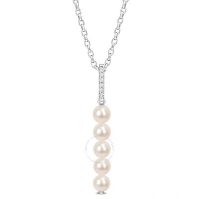 Amour 5.5-6mm Freshwater Cultured Pearl And 1/5 Ct Tgw White Topaz Drop Pendant With Chain In Sterli