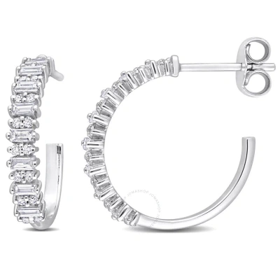 Amour 5/8 Ct Tdw Parallel Baguette-cut And Diamond Open Hoop Earrings In 14k White Gold 3.4mm In Metallic