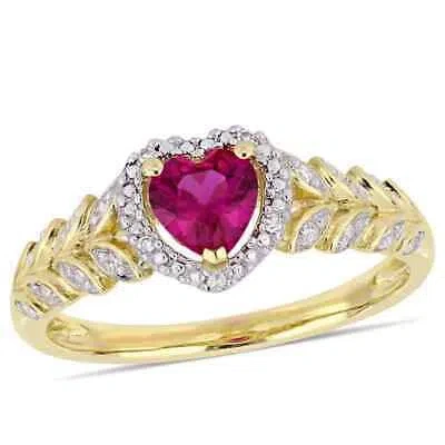 Pre-owned Amour 5/8 Ct Tgw Created Ruby And Diamond Halo Heart Ring In 10k Yellow Gold In Check Description