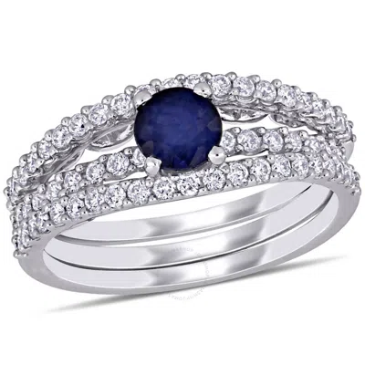 Amour 5/8 Ct Tgw Diffused Sapphire And 5/8 Ct Tw Diamond Bridal Set Ring In 14k White Gold In Metallic