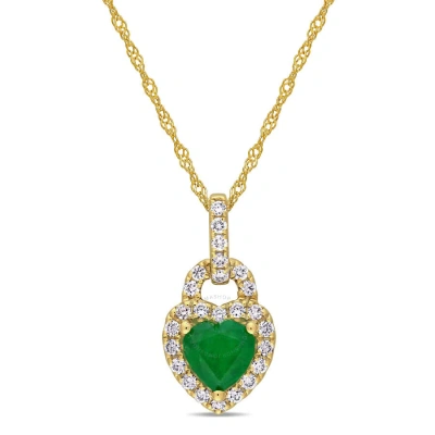 Amour 5/8 Ct Tgw Emerald And 1/4 Ct Tw Diamond Halo Heart Pendant With Chain In 14k Yellow Gold In Green