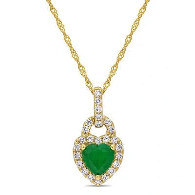 Pre-owned Amour 5/8 Ct Tgw Emerald And 1/4 Ct Tw Diamond Halo Heart Pendant With Chain In In Green