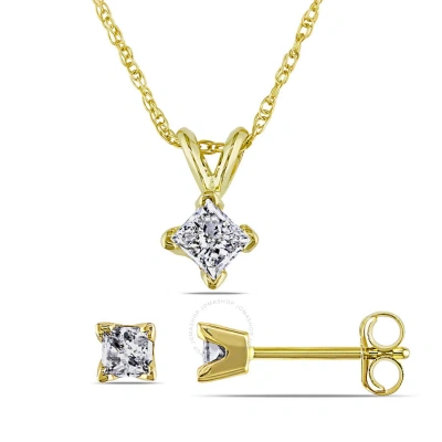 Amour 5/8 Ct Tw Princess Cut Diamond Solitaire Pendant With Chain And Stud Earrings 2-piece Set In 1 In Yellow