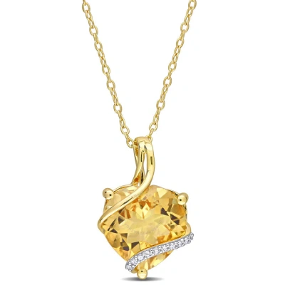 Amour 6 1/2 Ct Tgw Citrine And Diamond Accent Heart Wrapped Pendant With Chain In Yellow Plated Ster In Gold