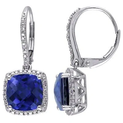 Pre-owned Amour 6 1/2 Ct Tgw Created Blue Sapphire And 1/5 Ct Tw Diamond Leverback Halo In Check Description