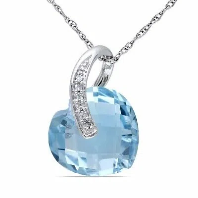 Pre-owned Amour 6 1/2 Ct Tgw Heart-shaped Blue Topaz And Diamond Accent Pendant With Chain In Check Description
