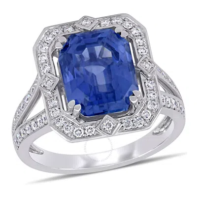 Amour 6 1/2 Ct Tgw Sapphire And 1/2 Ct Tw Diamond Halo Cocktail Ring In 14k White Gold