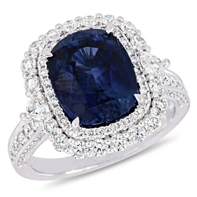 Amour 6 1/4 Ct Tgw Blue Sapphire And 1 2/5 Ct Tw Diamond Vintage Halo Ring In 14k White Gold