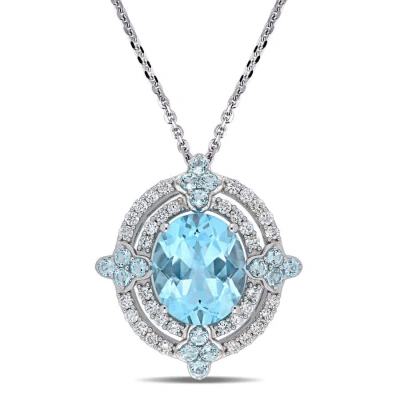 Amour 6 1/5 Ct Tgw Sky-blue Topaz And 1/2 Ct Tw Diamond Circular Double Halo Pendant With Chain In 1