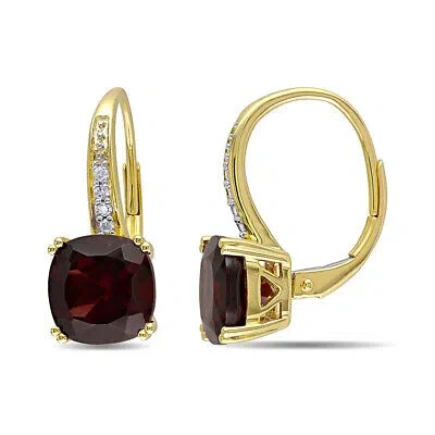 Pre-owned Amour 6 1/6 Ct Tgw Cushion Cut Garnet Leverback Earrings With Diamonds In 10k In Yellow