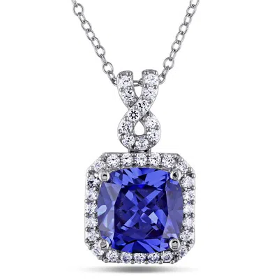 Amour 6 2/5 Ct Tgw Cushion Cut Simulated Tanzanite And Created White Sapphire Halo Pendant With Chai In Metallic