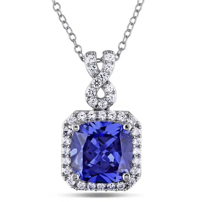 Amour 6 2/5 Ct Tgw Cushion Cut Simulated Tanzanite And Created White Sapphire Halo Pendant With Chai