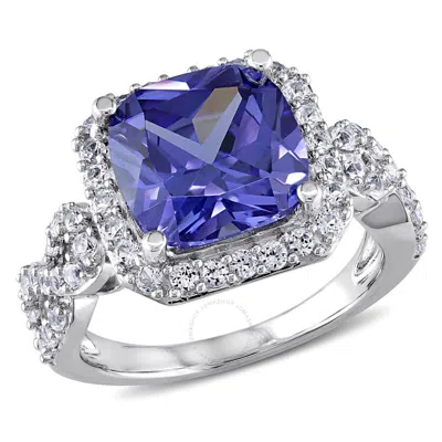 Amour 6 3/4 Ct Tgw Cushion Cut Simulated Tanzanite And Created White Sapphire Halo Ring In Sterling In Blue