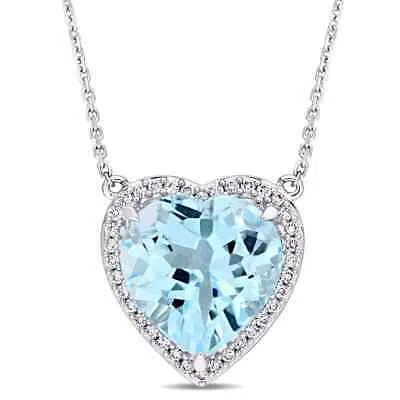 Pre-owned Amour 6 4/5 Ct Tgw Heart Shaped Blue Topaz And 1/5 Ct Tw Diamond Halo Pendant In Check Description