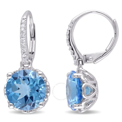 Amour 6 Ct Tgw Swiss-blue Topaz And 1/10 Ct Tw Diamond Leverback Earrings In 10k White Gold In Metallic