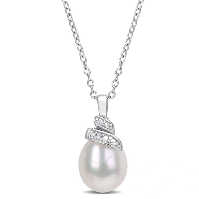 Amour 6.5-7mm Freshwater Cultured Pearl And Diamond Accent Swirl Pendant With Chain In Sterling Silv In White