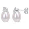 Amour 6.5-7mm Freshwater Cultured Pearl And Diamond Accent Swirl Stud Earrings In Sterling Silver In White