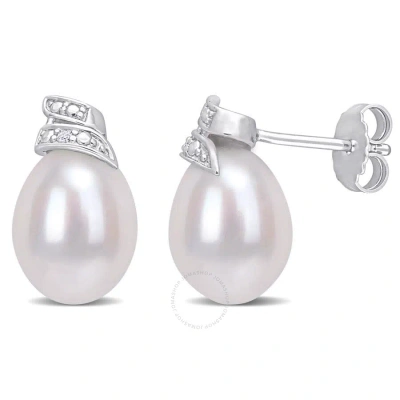 Amour 6.5-7mm Freshwater Cultured Pearl And Diamond Accent Swirl Stud Earrings In Sterling Silver In White