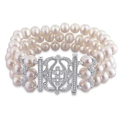 Pre-owned Amour 6.5 - 7 Mm White Cultured Freshwater Pearl Bracelet With Cubic Zirconia In