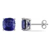 AMOUR AMOUR 6CT TGW 8MM CUSHION CREATED BLUE SAPPHIRE STUD EARRINGS IN STERLING SILVER