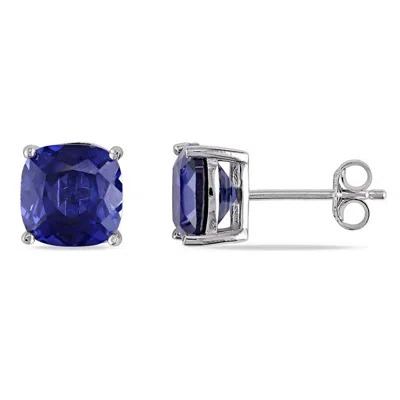 Amour 6ct Tgw 8mm Cushion Created Blue Sapphire Stud Earrings In Sterling Silver