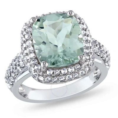 Amour 6ct Tgw Cushion Cut Green Quartz And Created White Sapphire Double Halo Ring In Sterling Silve In Amethyst / Green / Silver / White
