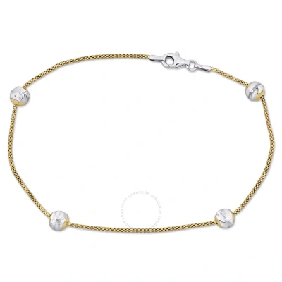 Amour 6mm Ball Station Chain Anklet With 2-tone Yellow And White In Sterling Silver - 9 In. In Two-tone