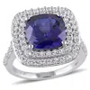AMOUR AMOUR 7 1/10 CT TGW CUSHION CUT CREATED BLUE AND CREATED WHITE SAPPHIRE DOUBLE HALO COCKTAIL RING IN