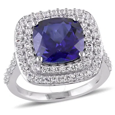 Amour 7 1/10 Ct Tgw Cushion Cut Created Blue And Created White Sapphire Double Halo Cocktail Ring In