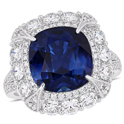 Amour 7 1/10 Ct Tgw Cushion-cut Sapphire & 1 3/4 Ct Tw Diamond Halo Cocktail Ring In 14k White Gold