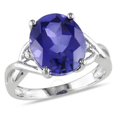 Amour 7 1/2 Ct Tgw Oval Cut Created Blue Sapphire And Diamond Accent Ring In Sterling Silver In Metallic