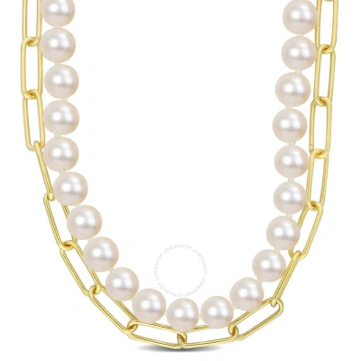 Amour 7-7.5 Mm Cultured Freshwater Pearl And 5 Mm Link Chain Layered Necklace In 18k Gold Plated Ste In Yellow