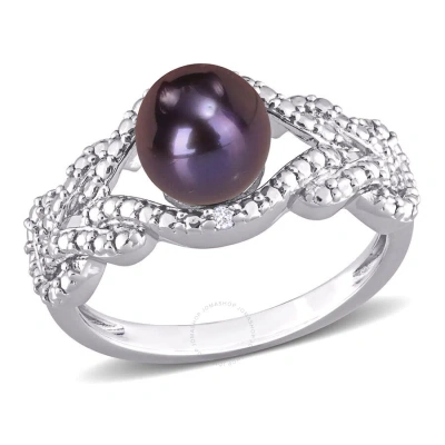 Amour 7-7.5mm Black Freshwater Cultured Pearl And Diamond Accent Criss-cross Ring In Sterling Silver In White
