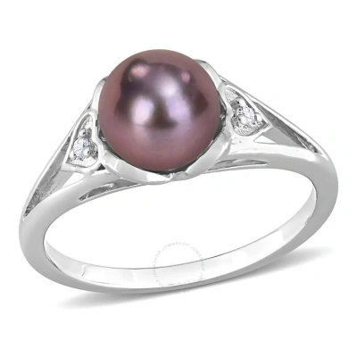 Amour 7-7.5mm Black Freshwater Cultured Pearl And Diamond Accent Heart Ring In Sterling Silver In White