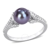 AMOUR AMOUR 7-7.5MM BLACK FRESHWATER CULTURED PEARL AND DIAMOND ACCENT SPLIT SHANK RING IN STERLING SILVER