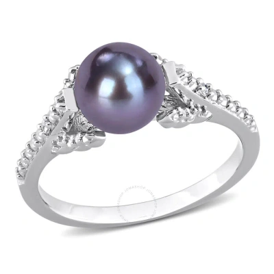 Amour 7-7.5mm Black Freshwater Cultured Pearl And Diamond Accent Split Shank Ring In Sterling Silver In White