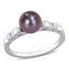 AMOUR AMOUR 7-7.5MM BLACK FRESHWATER CULTURED PEARL AND WHITE TOPAZ RIBBED DESIGN RING IN STERLING SILVER