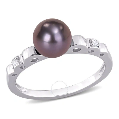 Amour 7-7.5mm Black Freshwater Cultured Pearl And White Topaz Ribbed Design Ring In Sterling Silver