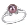 AMOUR AMOUR 7-7.5MM BLACK FRESHWATER CULTURED PEARL AND WHITE TOPAZ SPLIT SHANK RING IN STERLING SILVER